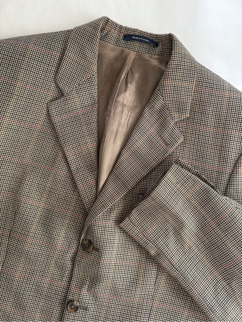 Ralph Lauren Wool Sport Coat 42R Houndstooth Blazer Brown Tan Canada Flaw